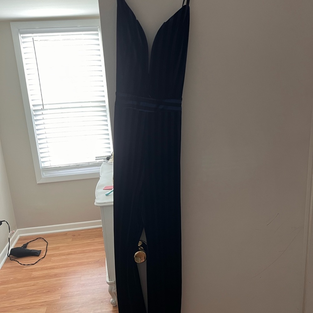 Blue/black pinstriped velour jumpsuit